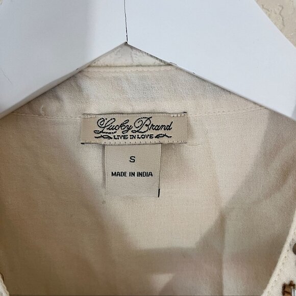 Lucky Brand Womens Beaded Embellished Long Sleeve Top Small Ivory Split Neck - Picture 3 of 10